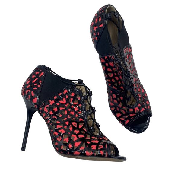 JIMMY CHOO TACTIC Laser Cut BLACK GERANIUM PATENT LEATHER PEEP-TOE PUMP Bootie - Picture 2 of 14